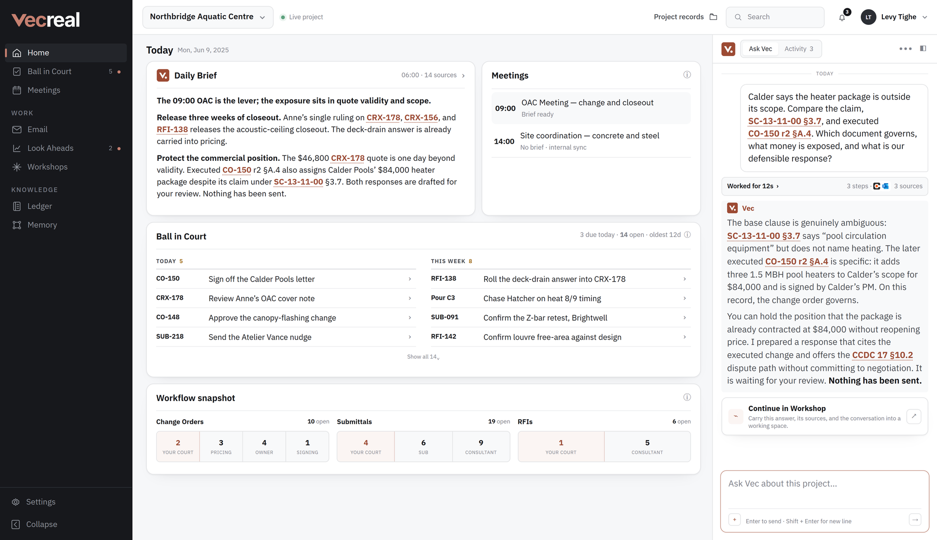 Project Intelligence on a live project: the daily brief, Ball-in-Court, meetings and the workflow snapshot on one screen